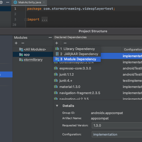 Android Studio select Storm module dependency