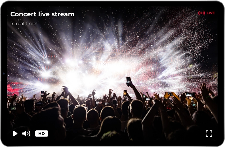 The storm streaming player features an image of a concert on the tablet