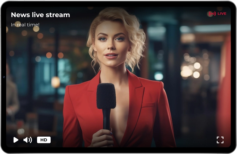 The storm streaming player features an image of a tv presenter on the tablet
