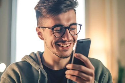 Young man smiling with smartphone
